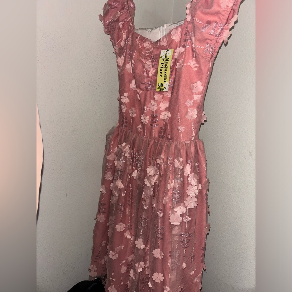 Unique Vintage Pink Floral glitter Dress magnolia place xs